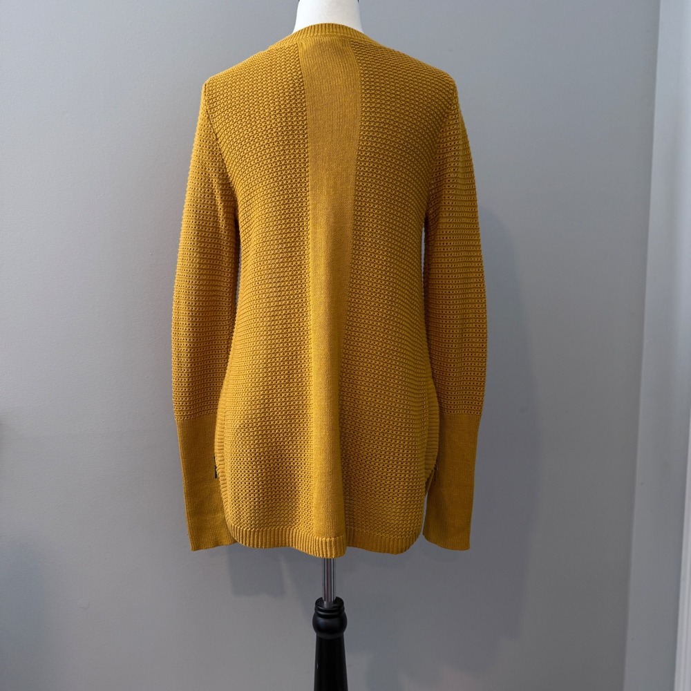 Mustard Yellow Textured Knit Crew Neck Long Sleeve Zipper Detail Sweater Top S - Picture 2 of 15